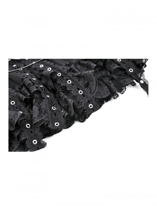 Black Rock Style Layered Lace Stitching Cross Straps Metal Ring Buckle Zipper Decorated Punk Style Skirt