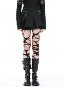 Cool Black Metal Buckle Decorated Hem Lace Patchwork Punk Style Skirt