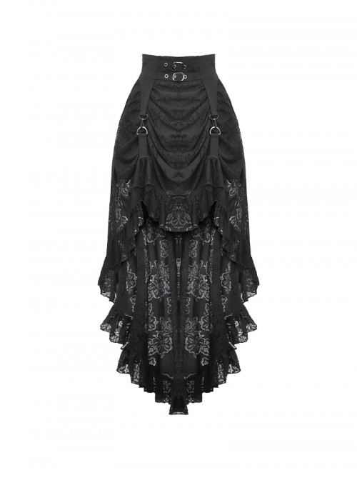 Black Elegant Retro Lace Splicing Gorgeous Train Design Gothic Style Skirt