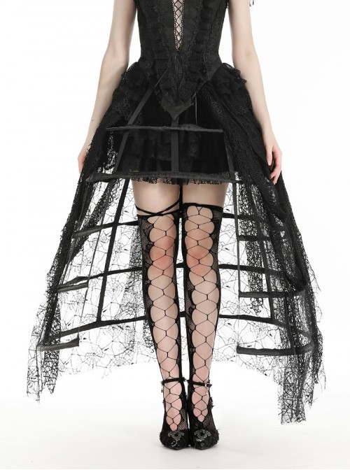 Rococo Style Black Spider Web Lace Mesh Stitching Gothic Style Birdcage Petticoat Long Skirt