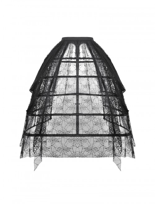 Rococo Style Black Spider Web Lace Mesh Stitching Gothic Style Birdcage Petticoat Long Skirt