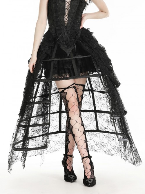 Rococo Style Black Spider Web Lace Mesh Stitching Gothic Style Birdcage Petticoat Long Skirt