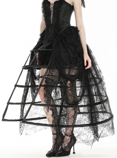 Rococo Style Black Spider Web Lace Mesh Stitching Gothic Style Birdcage Petticoat Long Skirt
