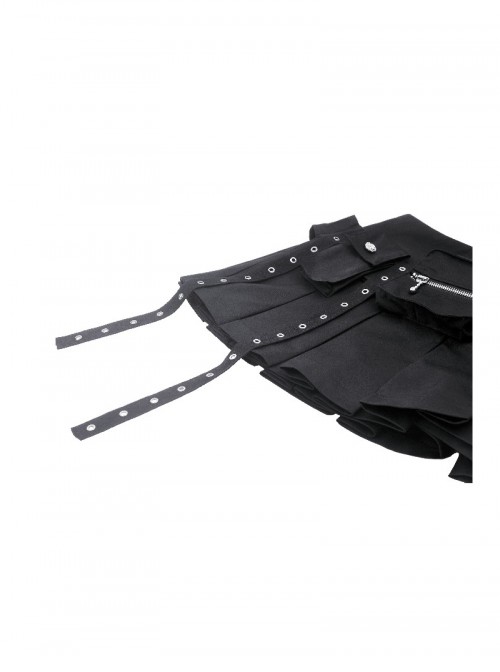 Black Motorcycle Metal Ring Buckle Ribbon Decoration Punk Style Pleated Mini Skirt