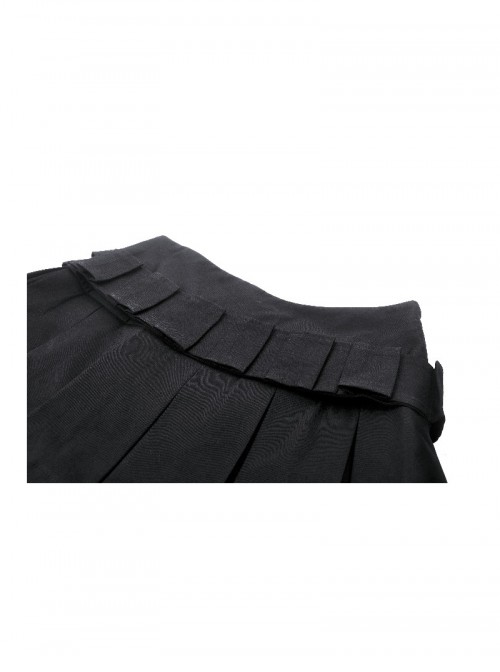 Black Motorcycle Metal Ring Buckle Ribbon Decoration Punk Style Pleated Mini Skirt