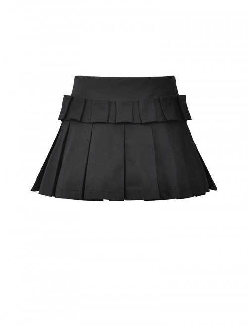 Black Motorcycle Metal Ring Buckle Ribbon Decoration Punk Style Pleated Mini Skirt