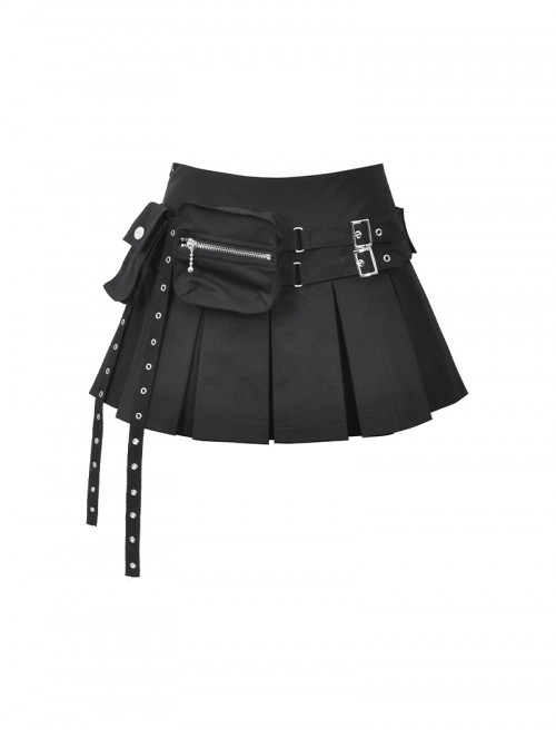 Black Motorcycle Metal Ring Buckle Ribbon Decoration Punk Style Pleated Mini Skirt