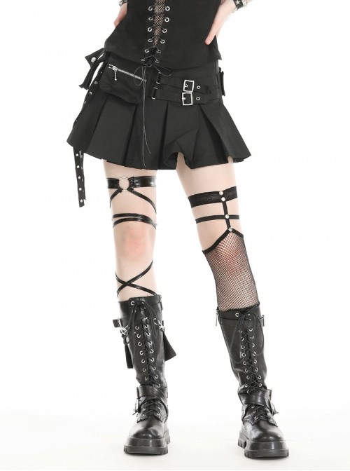 Black Motorcycle Metal Ring Buckle Ribbon Decoration Punk Style Pleated Mini Skirt