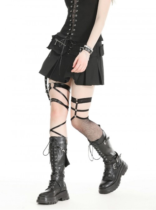 Black Motorcycle Metal Ring Buckle Ribbon Decoration Punk Style Pleated Mini Skirt