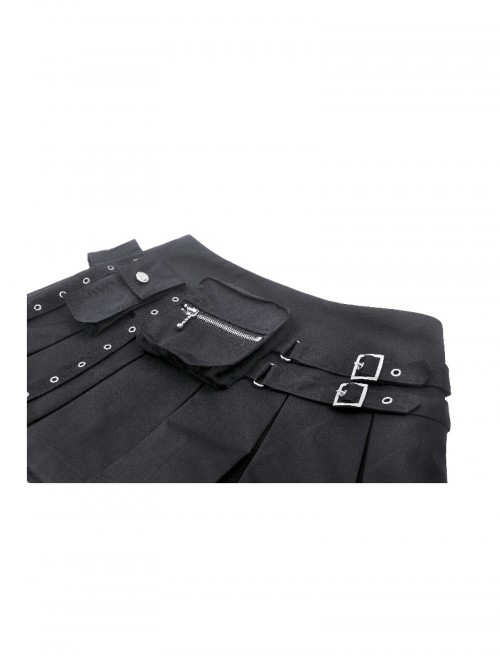 Black Motorcycle Metal Ring Buckle Ribbon Decoration Punk Style Pleated Mini Skirt