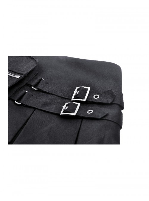 Black Motorcycle Metal Ring Buckle Ribbon Decoration Punk Style Pleated Mini Skirt