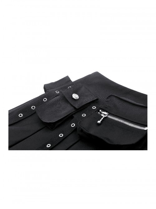 Black Motorcycle Metal Ring Buckle Ribbon Decoration Punk Style Pleated Mini Skirt
