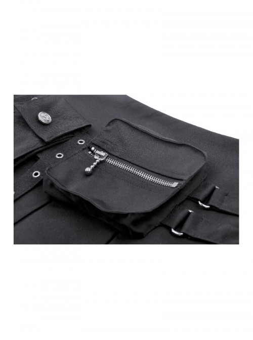 Black Motorcycle Metal Ring Buckle Ribbon Decoration Punk Style Pleated Mini Skirt