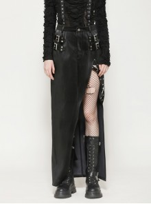 Black Cool Leather Splicing Metal Rivet Buckle Decoration Sexy High Slit Design Punk Style Tight Skirt