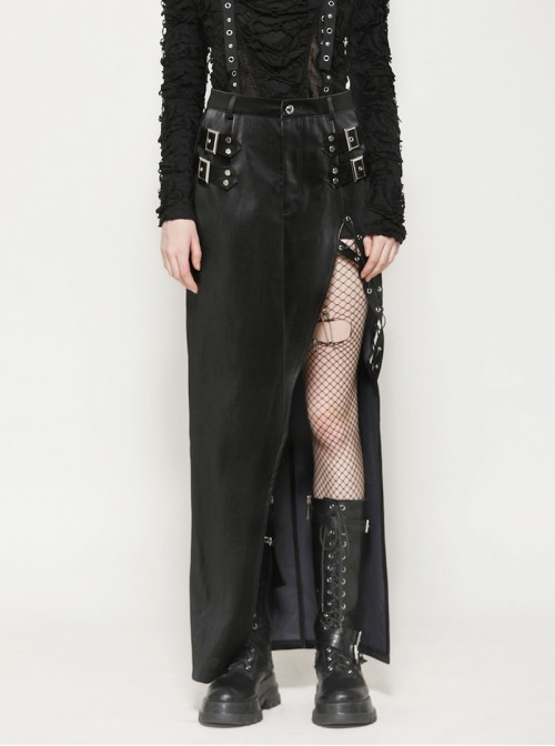 Black Cool Leather Splicing Metal Rivet Buckle Decoration Sexy High Slit Design Punk Style Tight Skirt