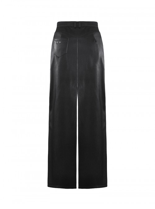 Black Cool Leather Splicing Metal Rivet Buckle Decoration Sexy High Slit Design Punk Style Tight Skirt