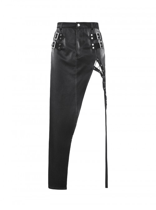 Black Cool Leather Splicing Metal Rivet Buckle Decoration Sexy High Slit Design Punk Style Tight Skirt