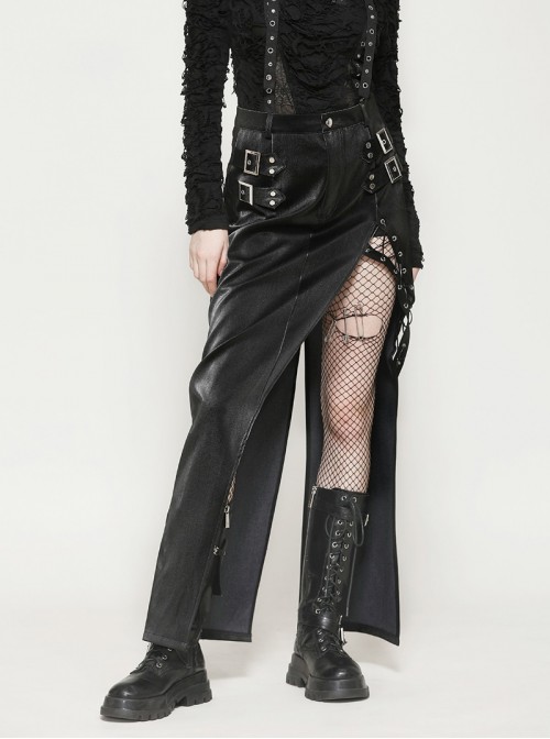 Black Cool Leather Splicing Metal Rivet Buckle Decoration Sexy High Slit Design Punk Style Tight Skirt