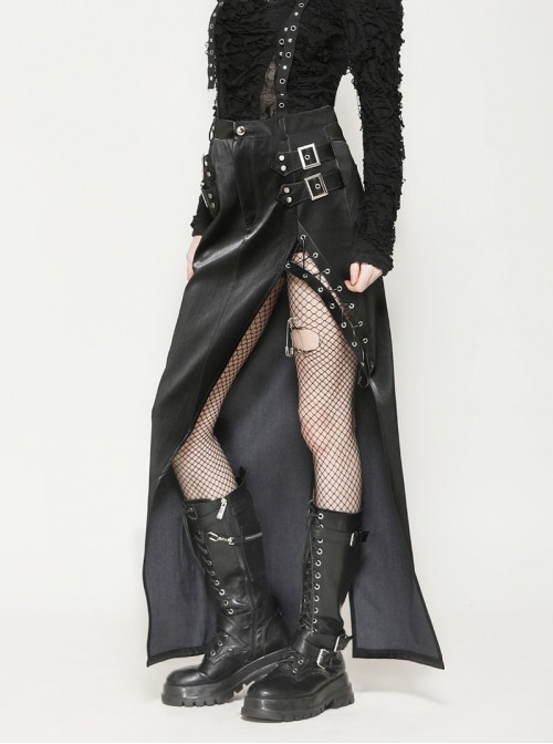 Black Cool Leather Splicing Metal Rivet Buckle Decoration Sexy High Slit Design Punk Style Tight Skirt