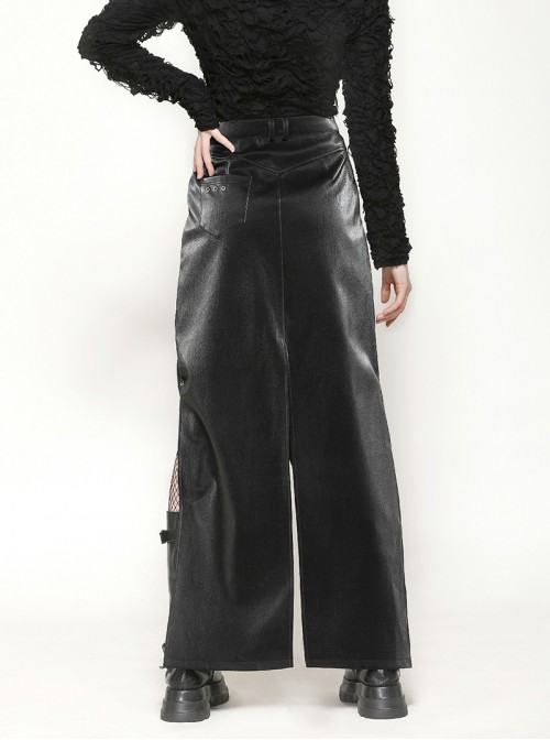 Black Cool Leather Splicing Metal Rivet Buckle Decoration Sexy High Slit Design Punk Style Tight Skirt
