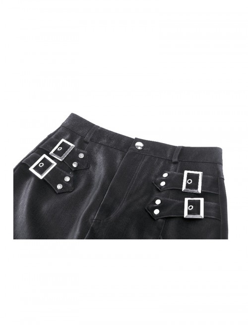 Black Cool Leather Splicing Metal Rivet Buckle Decoration Sexy High Slit Design Punk Style Tight Skirt