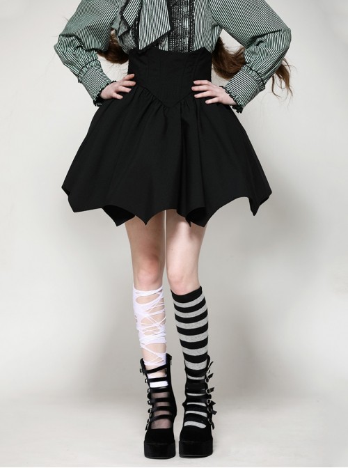 Black Simple Dark Bat Wing Hem Gothic Style High Waist A Line Skirt