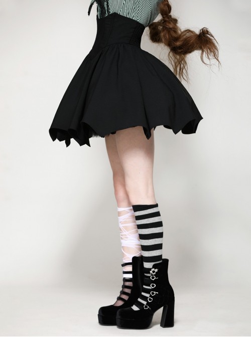 Black Simple Dark Bat Wing Hem Gothic Style High Waist A Line Skirt