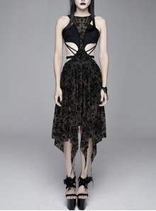 Flocking Print Mesh Waist Side Elastic Lace-Up Sharp Hem Black Gothic Sleeveless Dress