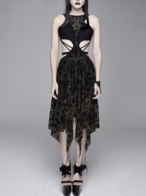 Flocking Print Mesh Waist Side Elastic Lace-Up Sharp Hem Black Gothic Sleeveless Dress