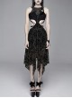 Flocking Print Mesh Waist Side Elastic Lace-Up Sharp Hem Black Gothic Sleeveless Dress