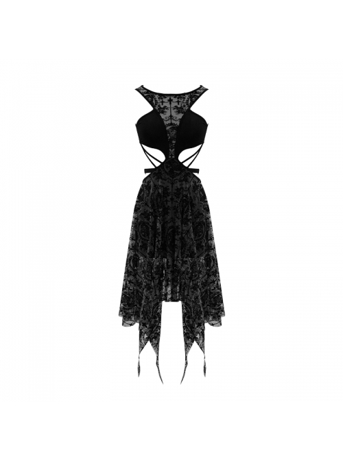 Flocking Print Mesh Waist Side Elastic Lace-Up Sharp Hem Black Gothic Sleeveless Dress
