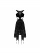 Flocking Print Mesh Waist Side Elastic Lace-Up Sharp Hem Black Gothic Sleeveless Dress
