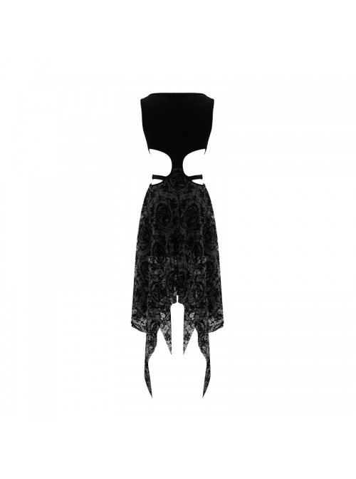 Flocking Print Mesh Waist Side Elastic Lace-Up Sharp Hem Black Gothic Sleeveless Dress