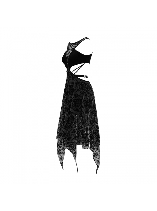 Flocking Print Mesh Waist Side Elastic Lace-Up Sharp Hem Black Gothic Sleeveless Dress