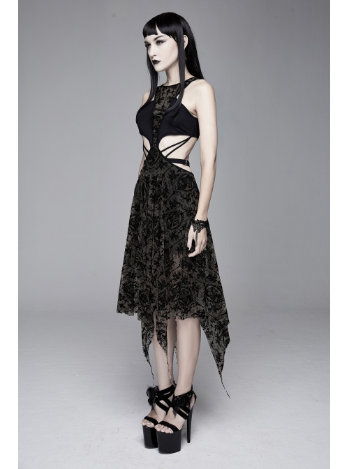 Flocking Print Mesh Waist Side Elastic Lace-Up Sharp Hem Black Gothic Sleeveless Dress