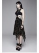 Flocking Print Mesh Waist Side Elastic Lace-Up Sharp Hem Black Gothic Sleeveless Dress