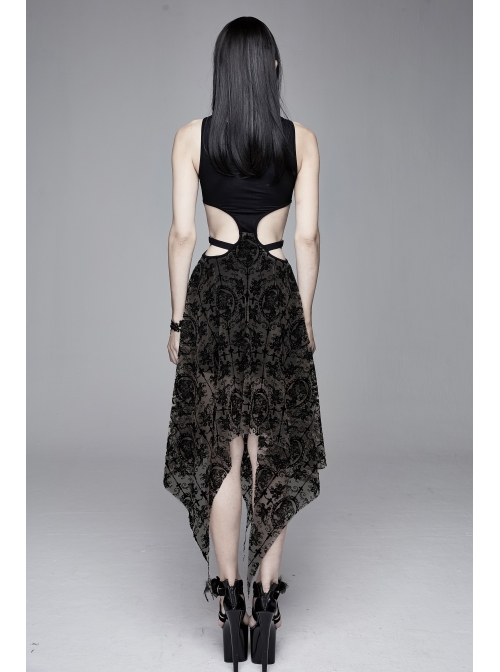 Flocking Print Mesh Waist Side Elastic Lace-Up Sharp Hem Black Gothic Sleeveless Dress