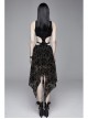 Flocking Print Mesh Waist Side Elastic Lace-Up Sharp Hem Black Gothic Sleeveless Dress