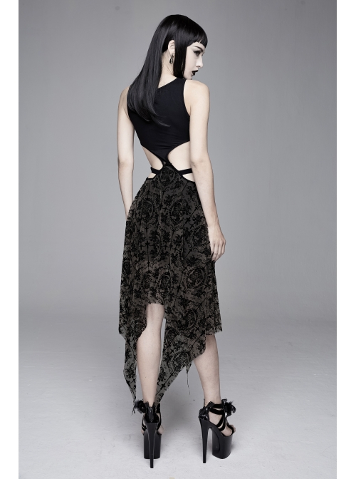 Flocking Print Mesh Waist Side Elastic Lace-Up Sharp Hem Black Gothic Sleeveless Dress