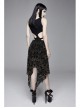 Flocking Print Mesh Waist Side Elastic Lace-Up Sharp Hem Black Gothic Sleeveless Dress
