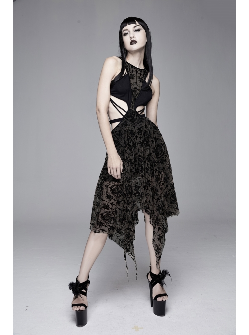 Flocking Print Mesh Waist Side Elastic Lace-Up Sharp Hem Black Gothic Sleeveless Dress