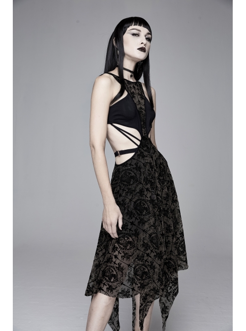 Flocking Print Mesh Waist Side Elastic Lace-Up Sharp Hem Black Gothic Sleeveless Dress