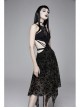 Flocking Print Mesh Waist Side Elastic Lace-Up Sharp Hem Black Gothic Sleeveless Dress