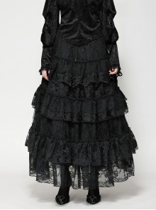 Elegant Black Layered Rose Lace Mesh Gothic Style Cake Skirt