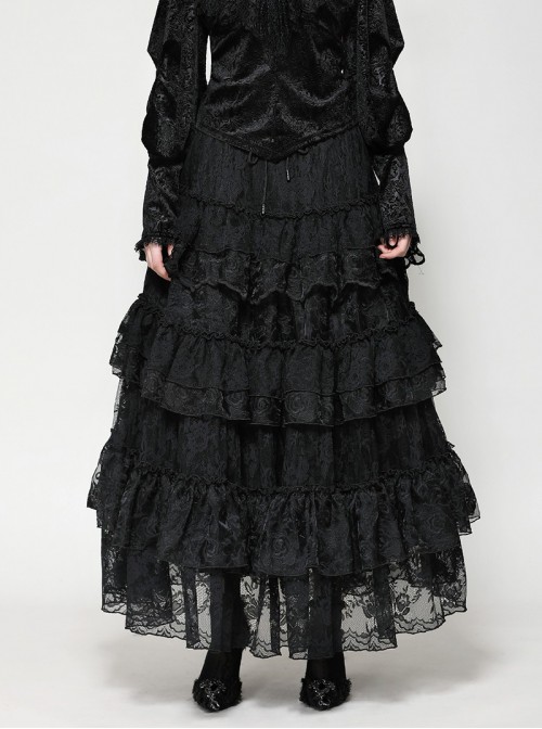 Elegant Black Layered Rose Lace Mesh Gothic Style Cake Skirt