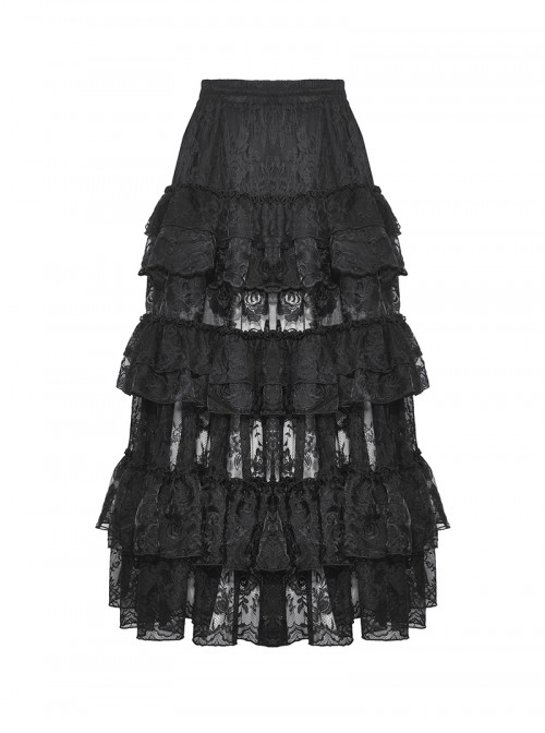 Elegant Black Layered Rose Lace Mesh Gothic Style Cake Skirt