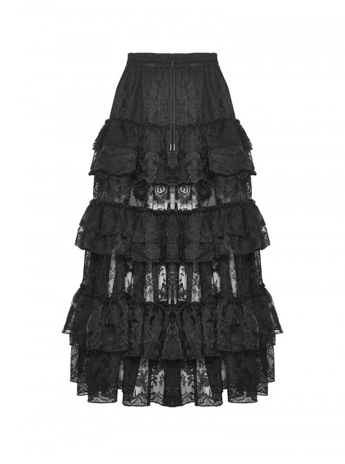 Elegant Black Layered Rose Lace Mesh Gothic Style Cake Skirt