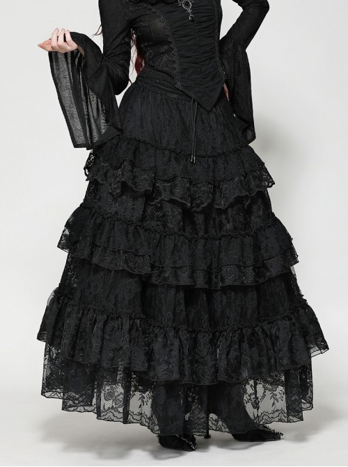 Elegant Black Layered Rose Lace Mesh Gothic Style Cake Skirt