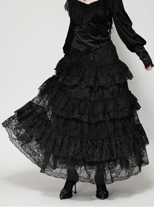Elegant Black Layered Rose Lace Mesh Gothic Style Cake Skirt