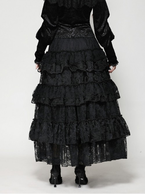 Elegant Black Layered Rose Lace Mesh Gothic Style Cake Skirt